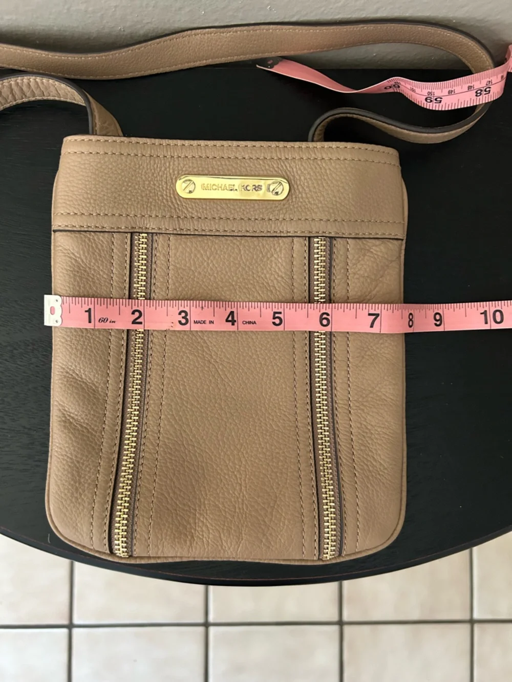 Michael Kors Beige/Tan Leather Crossbody with Gold Plaque